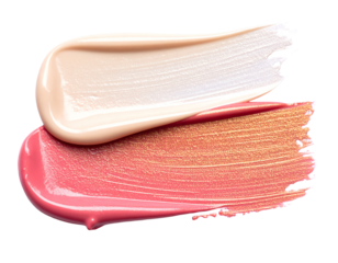 Pink gold lip gloss texture composition isolated on white background. Cosmetic product smear smudge swatch