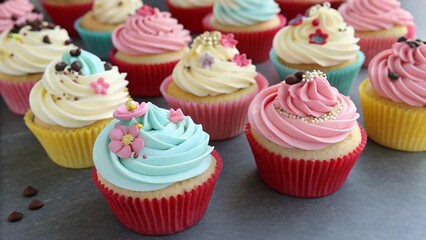 Rows of beautifully decorated cupcakes with colorful frosting and sprinkles.