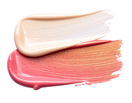 Pink gold lip gloss texture composition isolated on white background. Cosmetic product smear smudge swatch