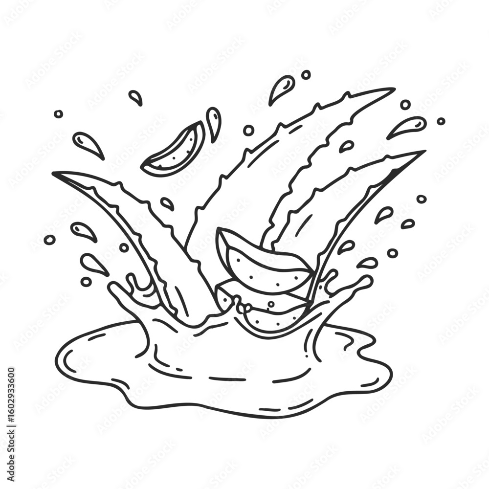 Poster aloe vera slices falling into splash with water droplets in line art – stock vector icon in line sty