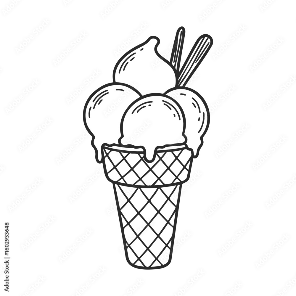 Poster black and white sketch of ice cream cone with waffle pattern and chocolate sticks – stock vector ico