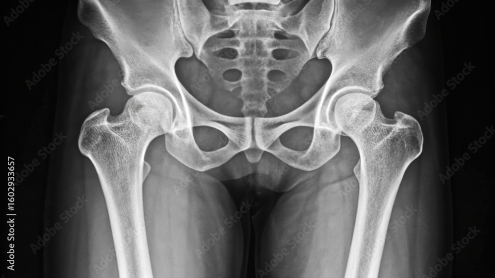 Poster x-ray image showing a detailed view of the human pelvis and hip joints, emphasizing bone structure a
