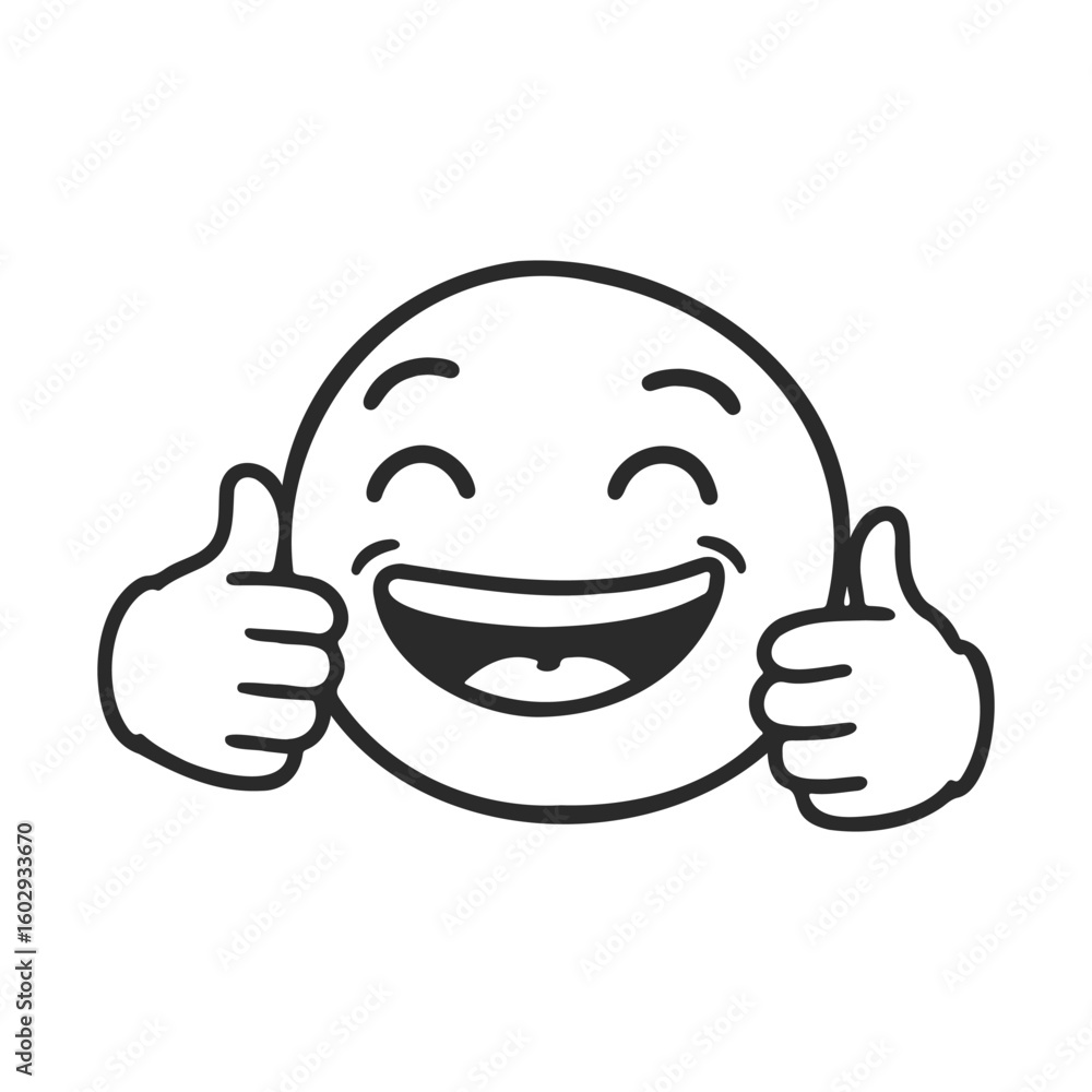 Poster smiling emoji with thumbs up gesture in black and white outline – stock vector icon in line style