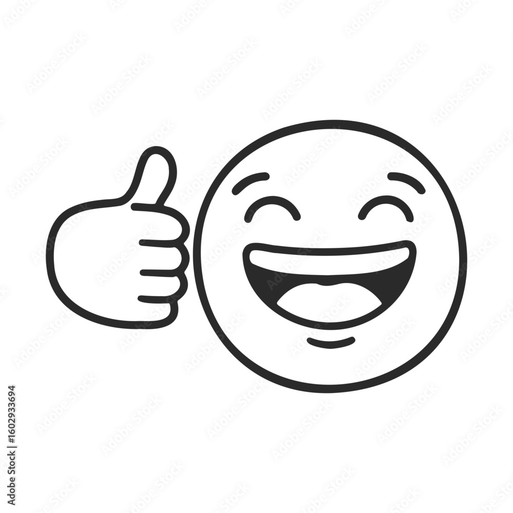 Poster smiling emoji with thumbs up in black and white line art style – stock vector icon in line style