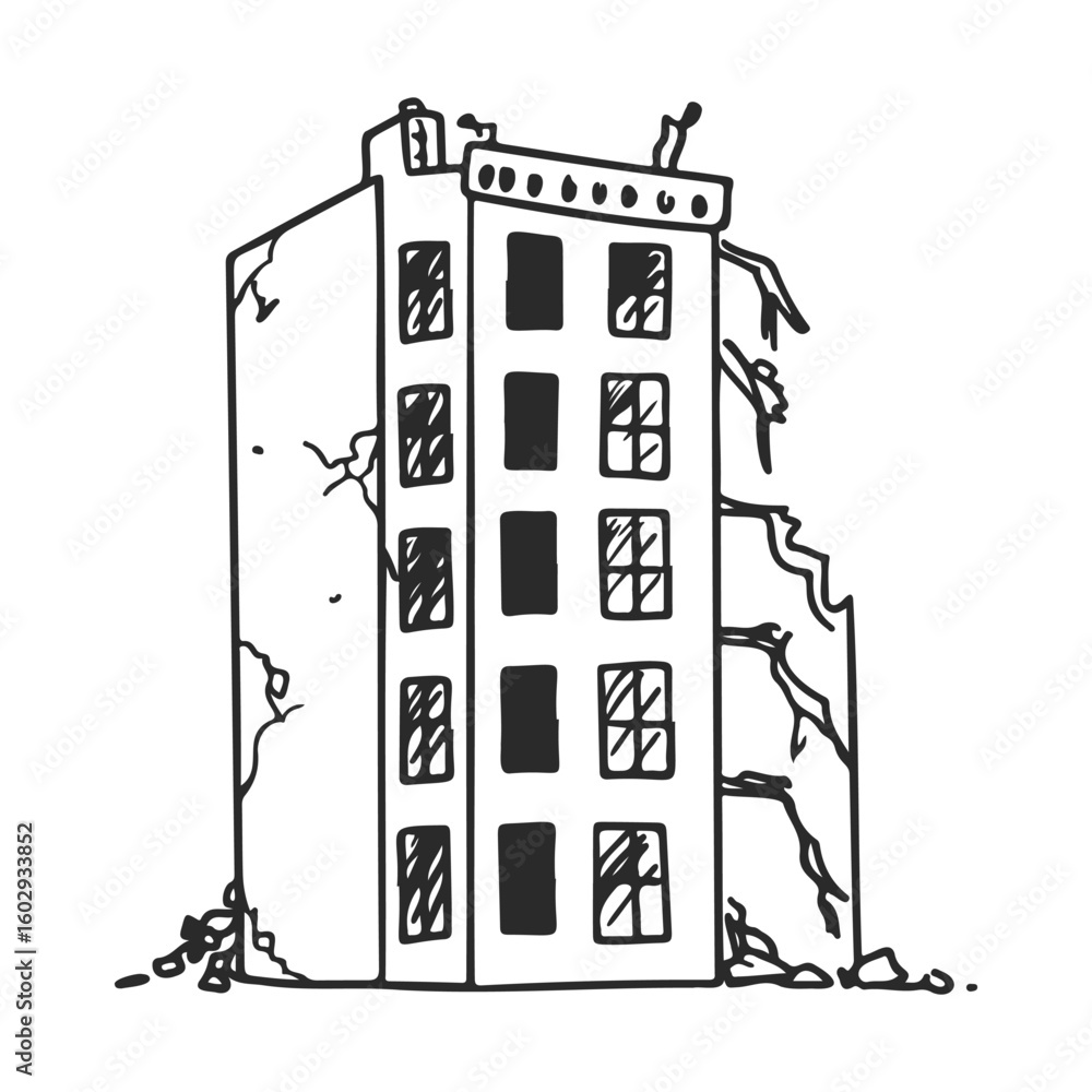 Poster hand-drawn crumbling building with earthquake damage and cracks – stock vector icon in line style