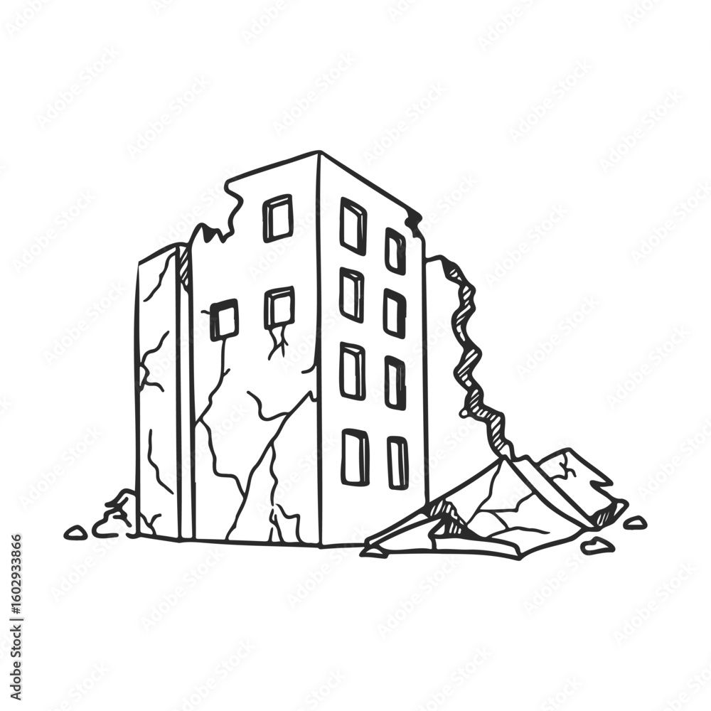 Poster hand-drawn sketch of crumbling building with debris – stock vector icon in line style