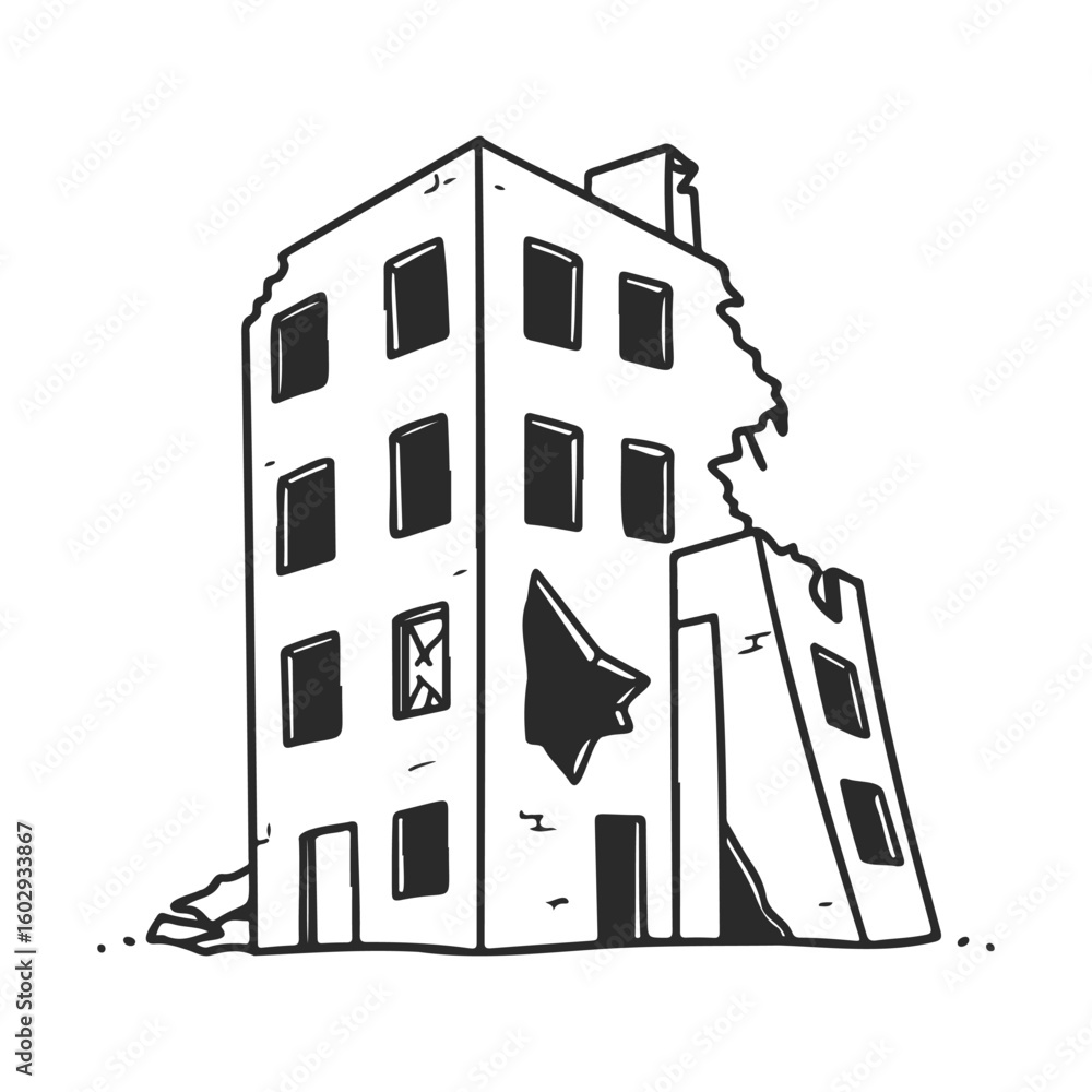 Poster abandoned crumbling building illustration with broken windows and structural damage – stock vector i