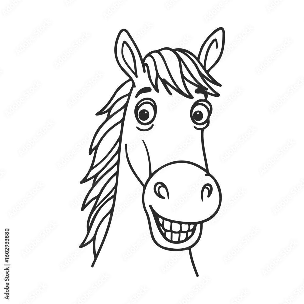 Poster smiling cartoon horse sketch with playful expression and flowing mane – stock vector icon in line st