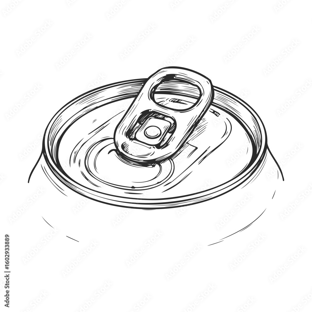 Poster black and white line drawing of a soda can with open tab – stock vector icon in line style