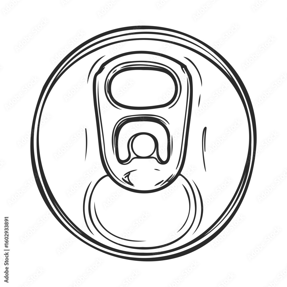 Poster beverage can top with pull tab in black and white line art style – stock vector icon in line style