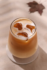 Creamy autumn latte with ice cubes glows in sunlight, maple leaf in background hints at pumpkin,...
