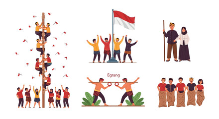 Collection of Indonesian Independence Day Traditional Games and Cultural Elements Vector Set