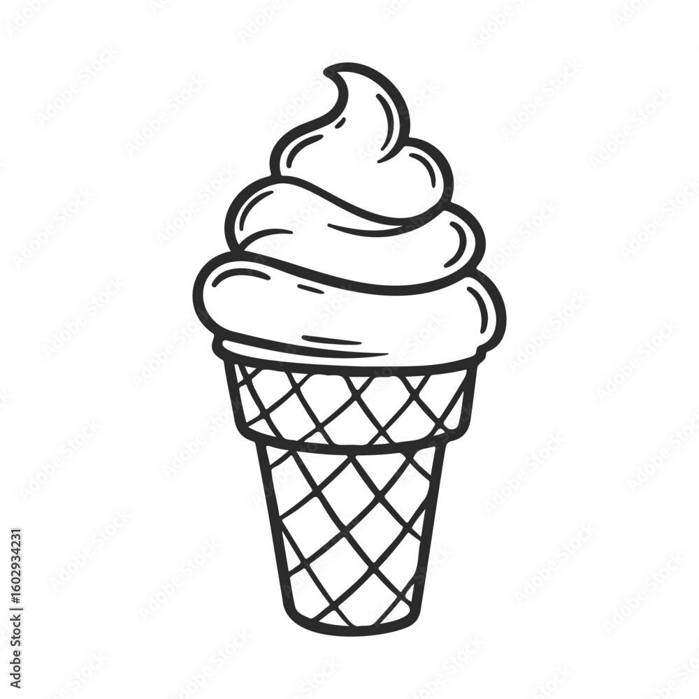 Poster hand-drawn outline of a soft serve ice cream cone with waffle pattern – stock vector icon in line st