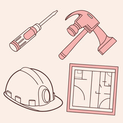 Construction Tools and Blueprint Design.