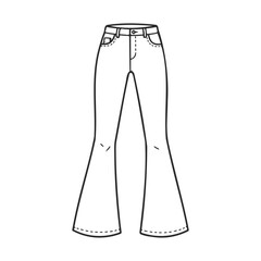 Black and white sketch of flared jeans with pockets – stock vector icon in line style
