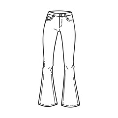 Black and white bell-bottom jeans illustration with flared legs and classic pockets – stock vector icon in line style