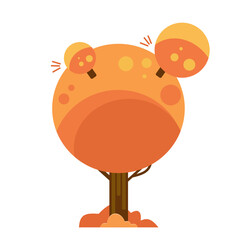 A bright orange tree with big round leaves and tiny sprouting twigs. The vibrant autumn vibe brings warmth and a cheerful look in a stylized cartoon landscape.