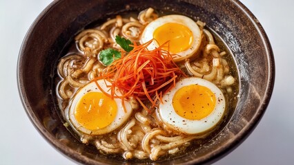 Ajitsuke. Soft boiled eggs, ramen noodles, spicy garnish, traditional 