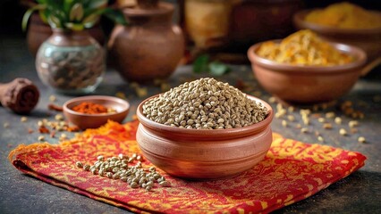 Ajwain. Close-up bowl with hemp seeds on colorful cloth for healthy ea