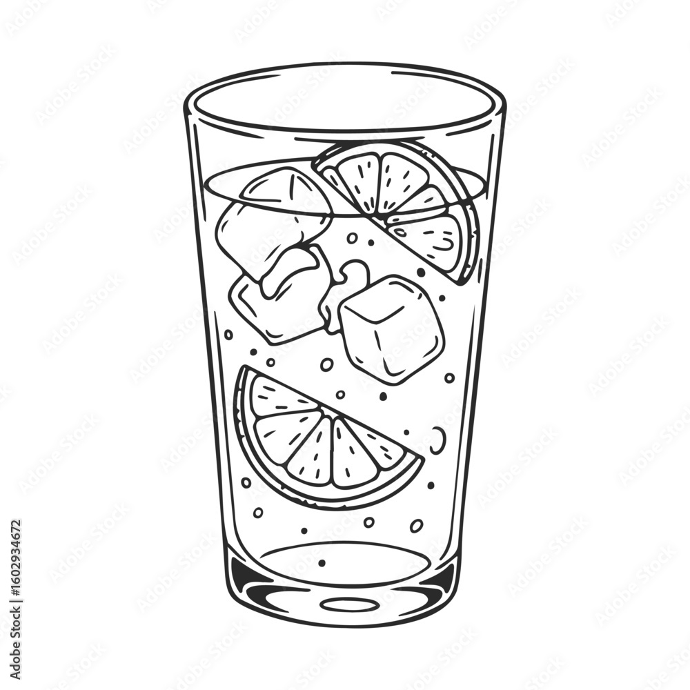 Poster line art of refreshing sparkling water with citrus and ice cubes in a glass – stock vector icon in l
