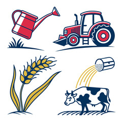 Farming Icons Tractor Watering Can Wheat and Cow.