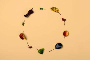 Round composition of autumn leaves and red berries on beige background captures the balance of nature and simplicity in creative style.