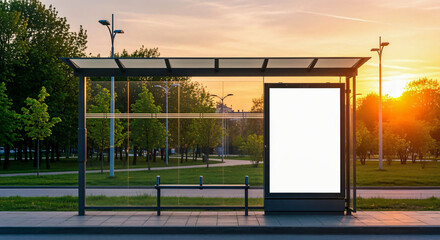 Bus Stop Billboard at Sunset - Mockup for Advertising
