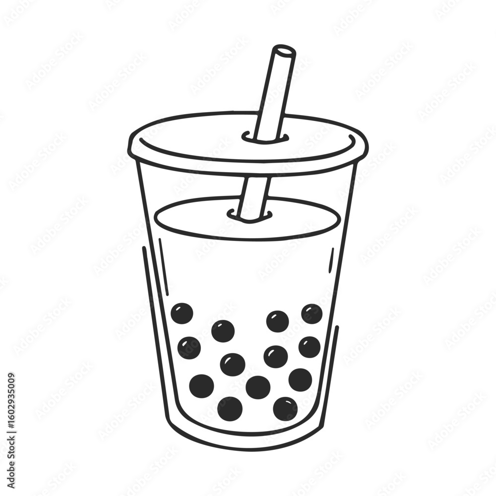Poster hand-drawn bubble tea with straw and tapioca pearls – stock vector icon in line style