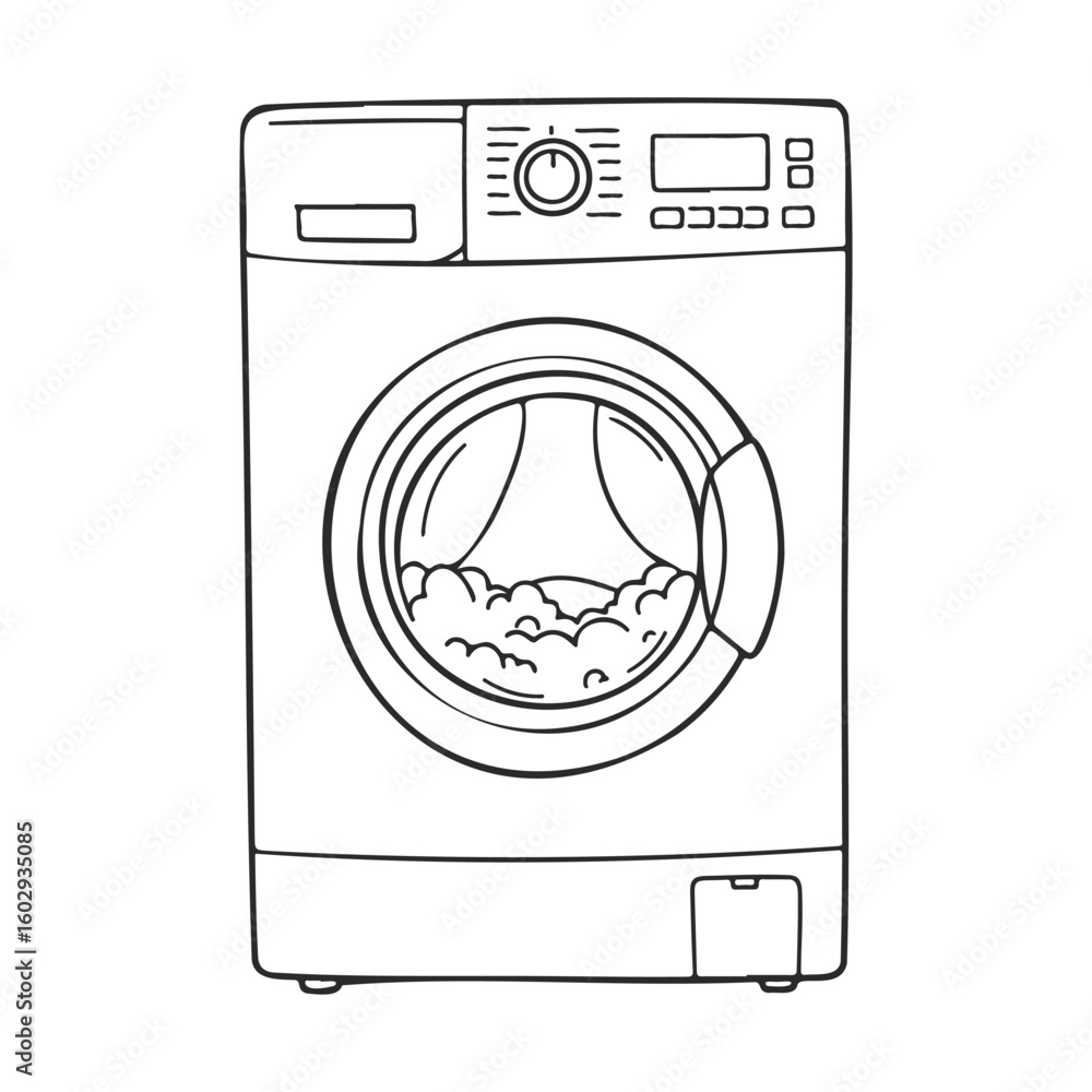 Poster black and white illustration of front-loading washing machine with bubbles inside – stock vector ico