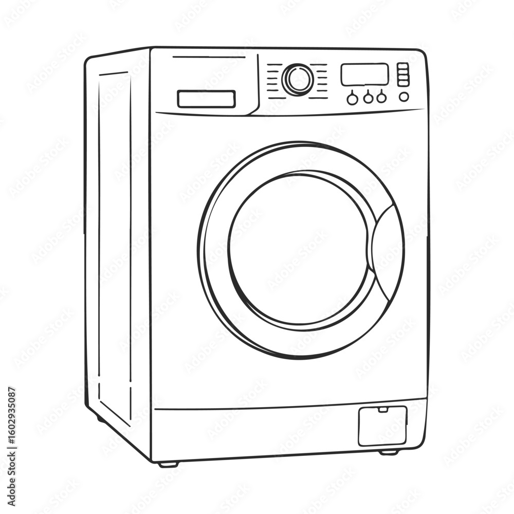 Poster illustration of modern front-loading washing machine outline – stock vector icon in line style