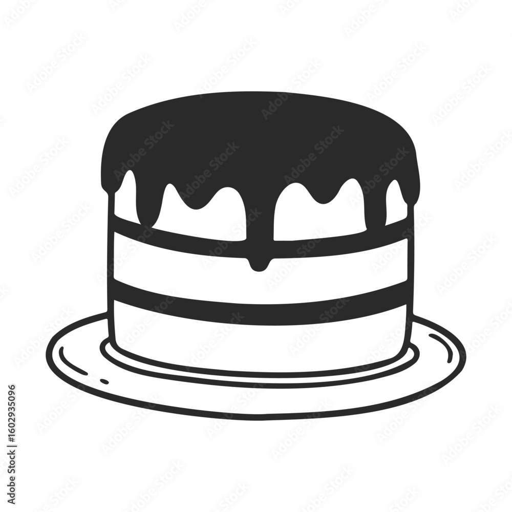 Poster black and white dripping frosted layer cake on a plate – stock vector icon in line style