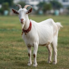 Obraz premium Elegant White Goat with Collar Standing in Lush Green Field