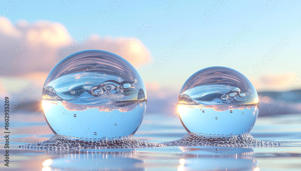 Poster two transparent bubbles float on a reflective surface, capturing the serene colors of the sky and su