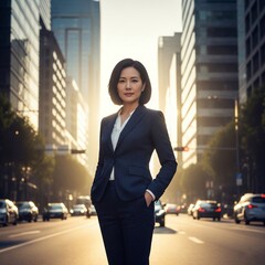Confident Businesswoman in Stylish Suit Standing on City Street at Sunset