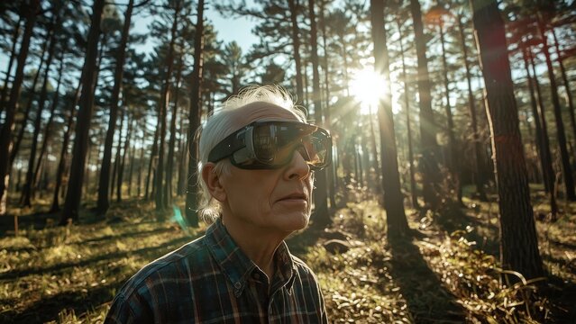 AR glasses. Senior man wearing virtual reality glasses exploring fores