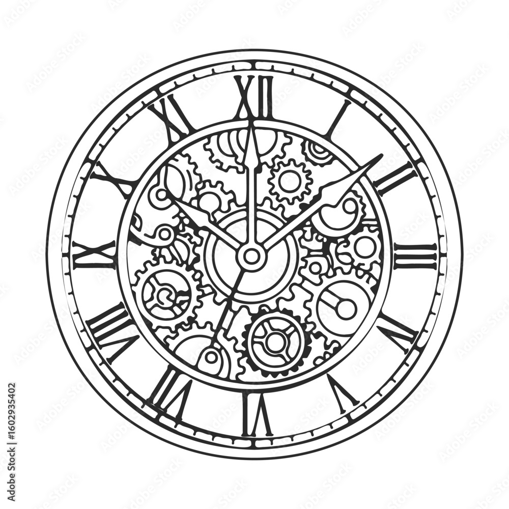 Poster intricate clock face with gears and roman numerals in black and white design – stock vector icon in 