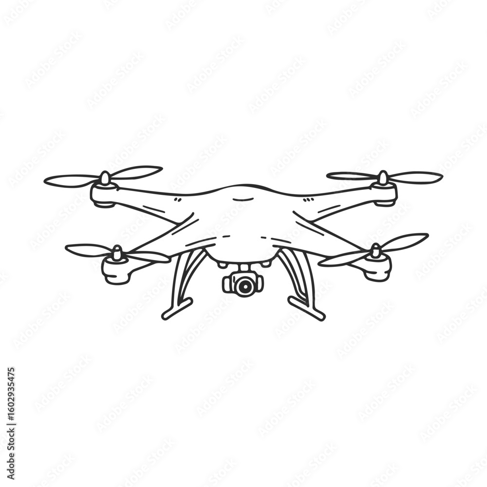 Poster line art drone illustration with camera and four rotors – stock vector icon in line style