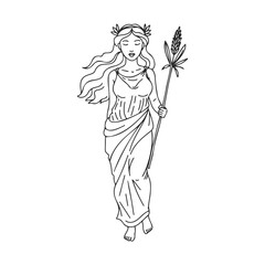 Greek goddess demeter line art: elegant female figure with wheat staff – stock vector icon in line style