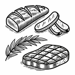 Hand-drawn vector illustration set of bread and fish food icons