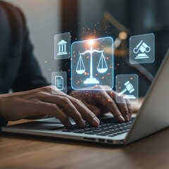Legal Technology and Online Justice: Hands Typing on Laptop with Law Icons
