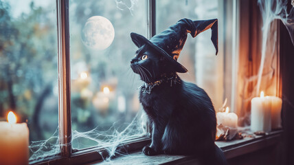 Black cat in witch hat by window with full moon and candles on a spooky night