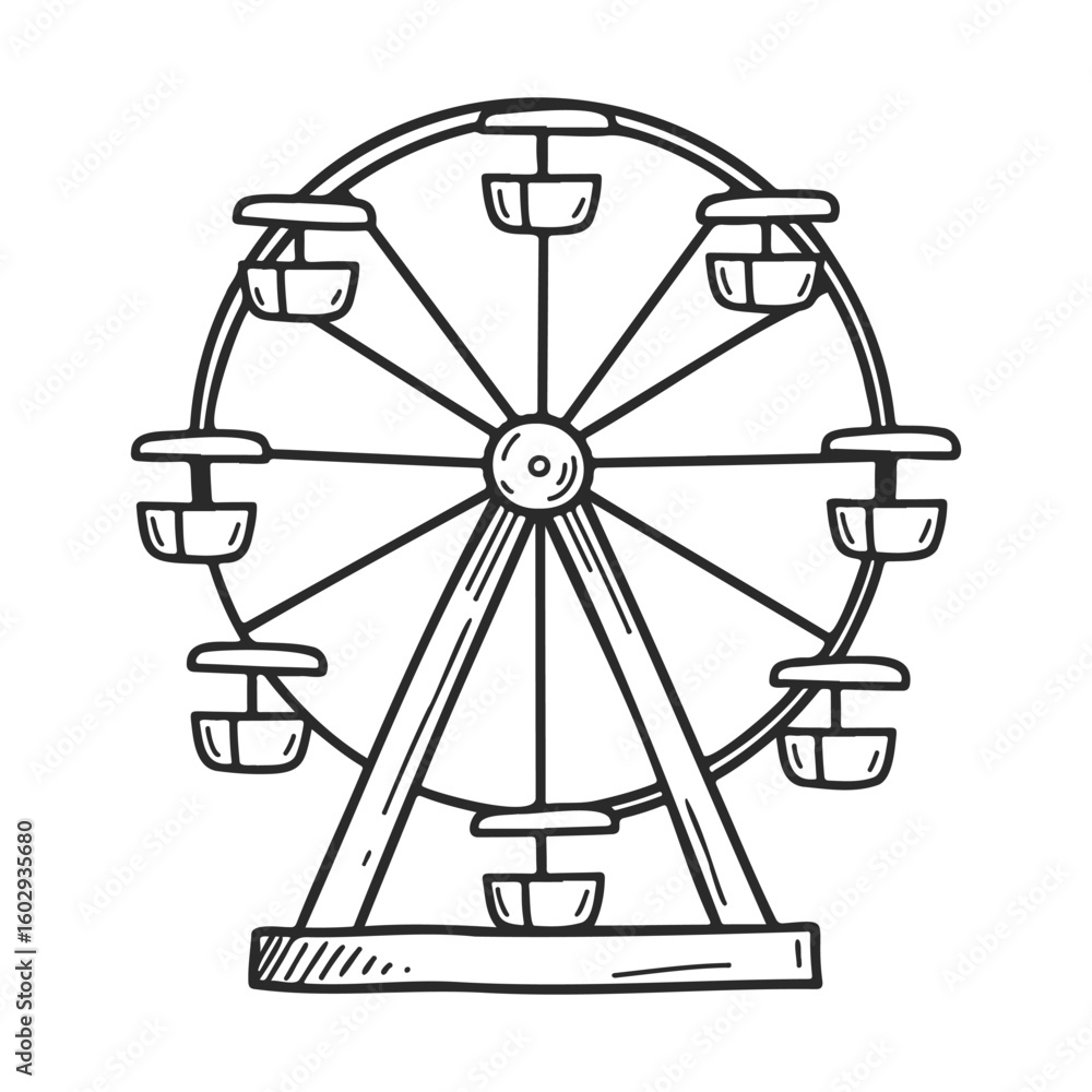Poster sketch of a ferris wheel with empty gondolas in simplistic black and white design – stock vector ico