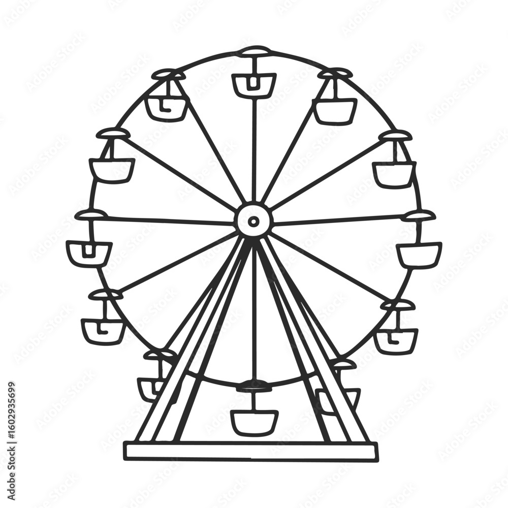 Poster hand-drawn ferris wheel outline with empty gondolas on white background – stock vector icon in line 