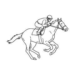 Outline of male jockey riding galloping horse in dynamic motion – stock vector icon in line style