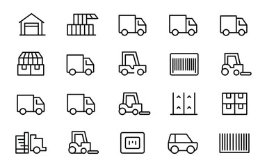 Logistics and Warehouse Management Line Art Vector Icon Set - Delivery Truck, Forklift, Barcode, Storage, Shipping, Inventory, and Supply Chain
