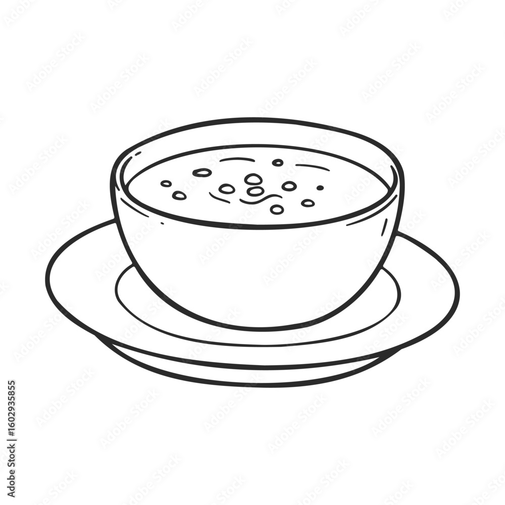 Poster black and white line drawing of soup bowl on plate with abstract patterns – stock vector icon in lin