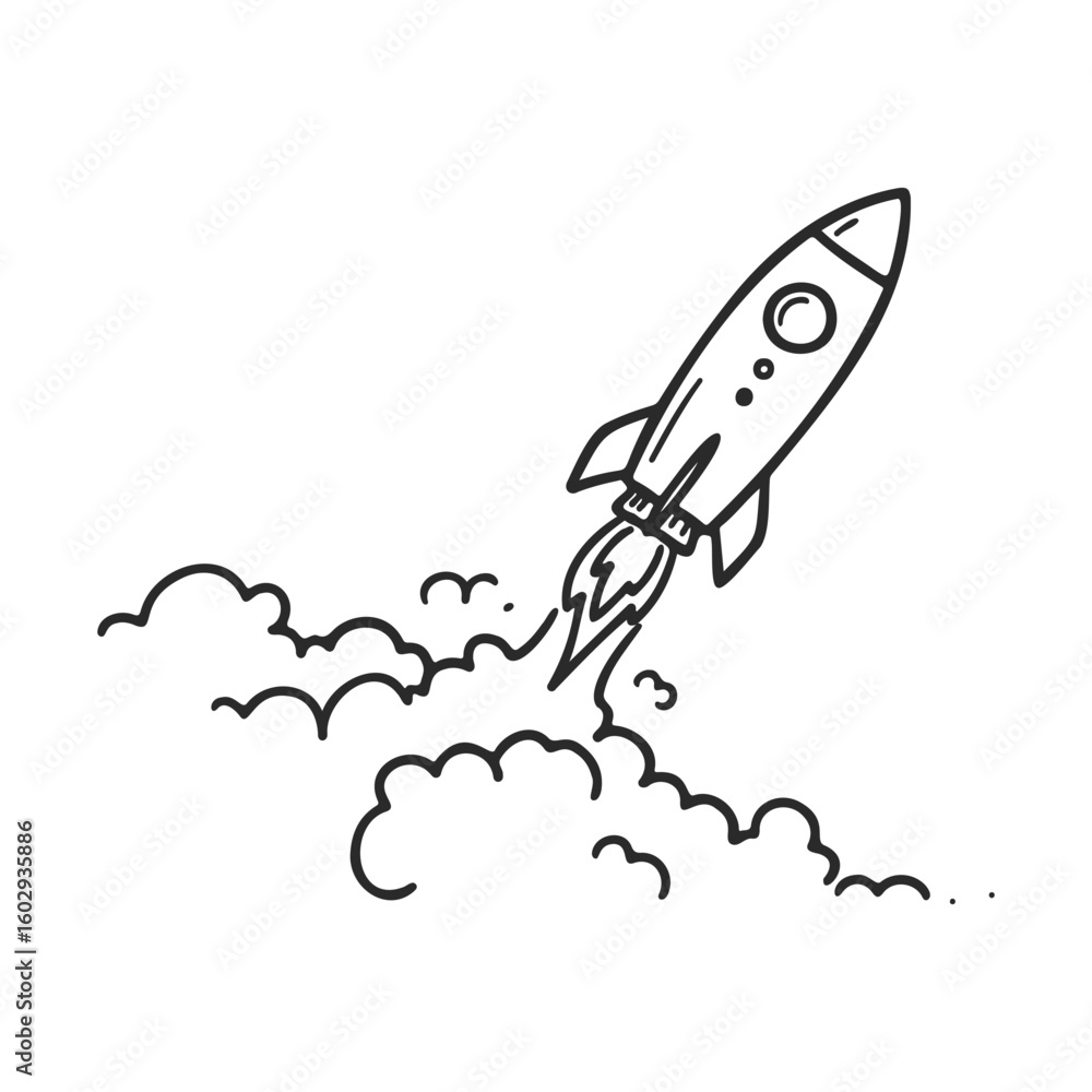 Poster hand-drawn rocket launching into sky with clouds and flames – stock vector icon in line style