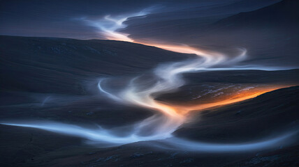 Fototapeta premium Glowing mist winding through dark mountainous terrain image