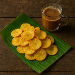 Kerala Tapioca Chips on Banana Leaf with Hot Indian Chai – Crisp and Classic South Indian Tea Snack
