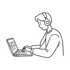 Young caucasian male using laptop with headphones in minimalist line art illustration – stock vector icon in line style